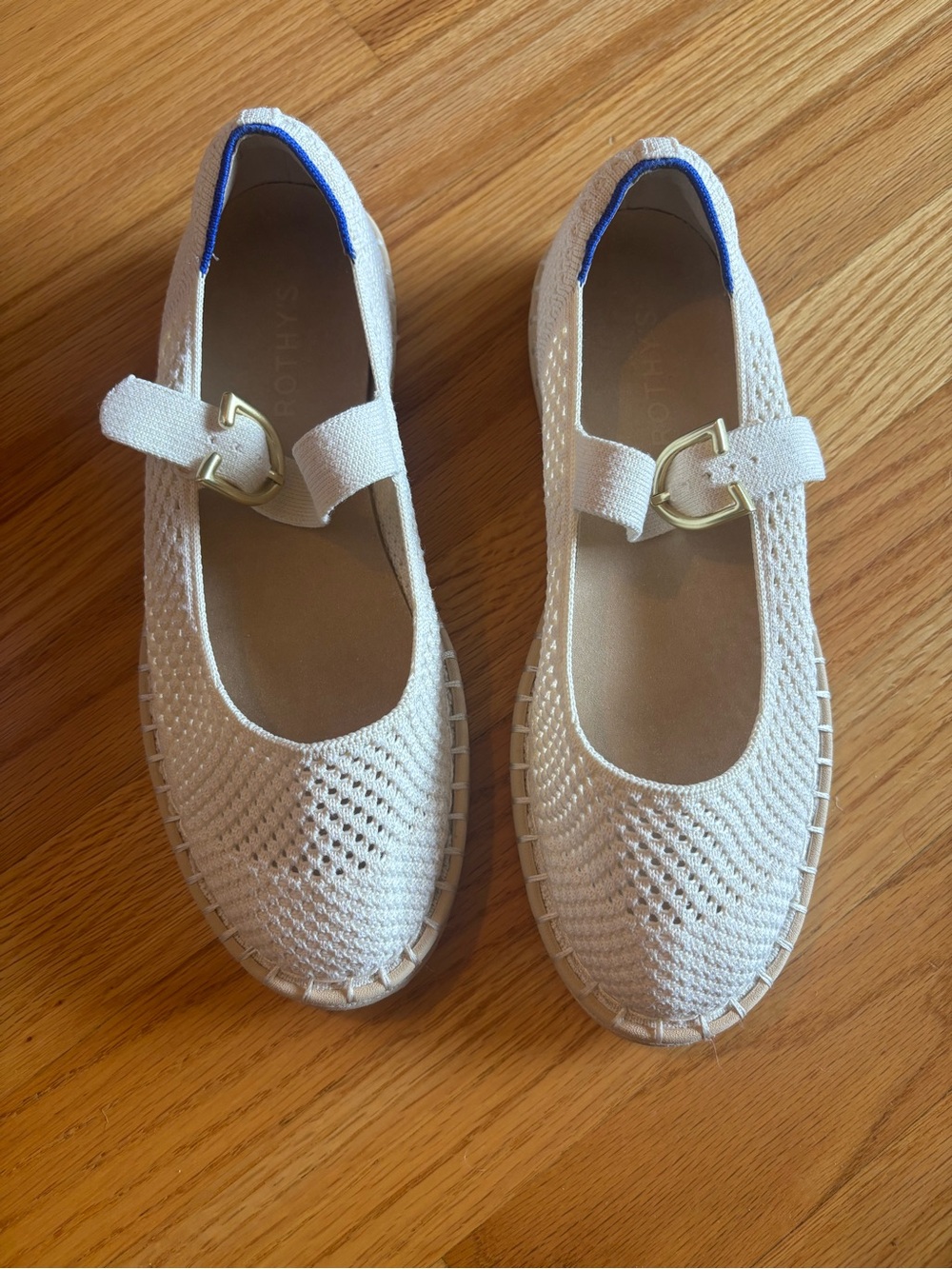 Rothy's Cream Knit Espadrille Mary Jane with Gold Buckle